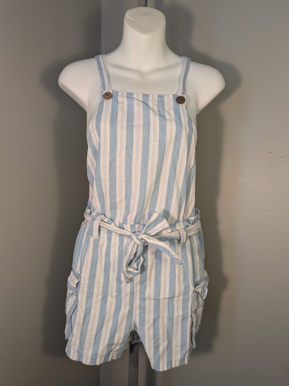 Jolt Light Blue and White Striped Elastic Waist Romper